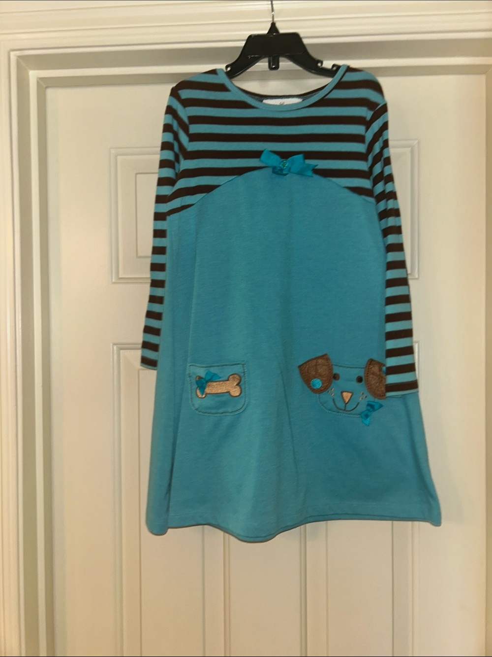 Rare Editions Turquoise and Brown Striped Long-Sleeve Dress with Puppy Motif